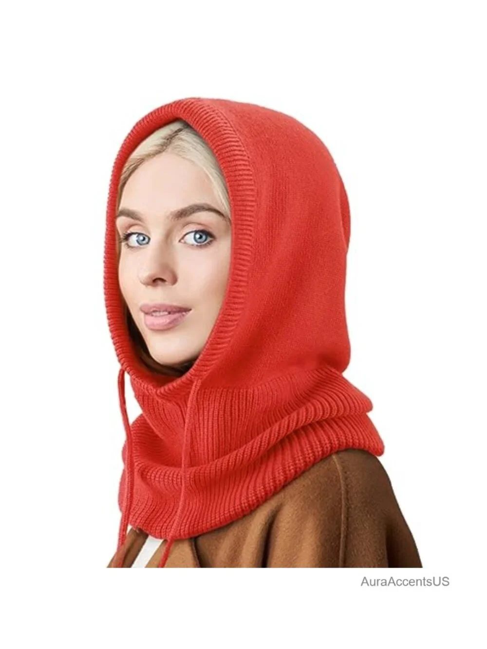 Knit Balaclava Hooded Scarf Hat with Drawstring - Warm Winter Beanie Skull Cap